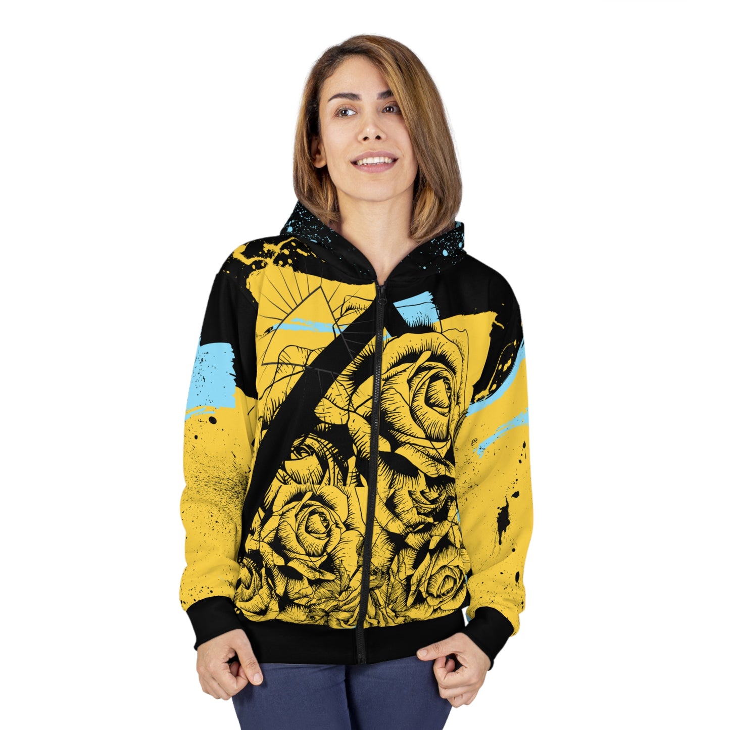 modern throwback rose -  all over print zip-up hoodie